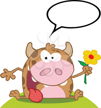 Royalty Free Clipart Image of a Bull on a Hill Holding a Flower With a Conversation Bubble