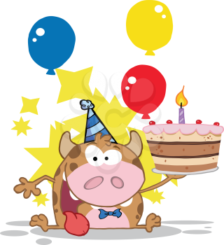 Royalty Free Clipart Image of a Calf With a Cake in Front of Balloons and Stars