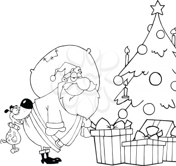 Royalty Free Clipart Image of Santa Delivering Presents and a Dog Biting His Bottom