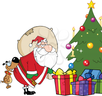 Royalty Free Clipart Image of Santa Delivering Presents and a Dog Biting Him