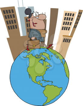 Royalty Free Clipart Image of an African American Businesswoman on a Globe With Buildings in the Background