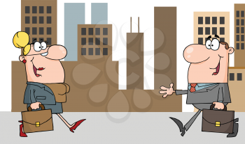 Royalty Free Clipart Image of a Businessman Meeting a Businesswoman