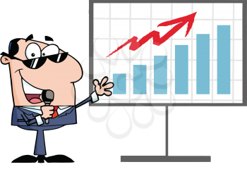 Royalty Free Clipart Image of a Man in Front of a Graph With a Microphone