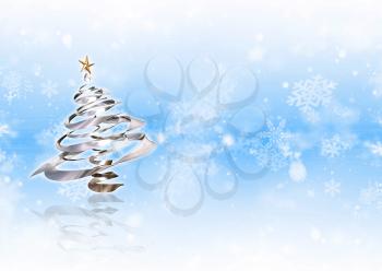 Metallic Christmas tree on snowflake background