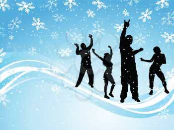 Silhouettes of people dancing on Christmas background