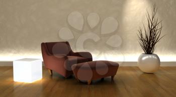 3d render of contemporary arm chair and ottoman in moderen setting
