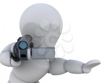 3D man with a video camera isolated over white 