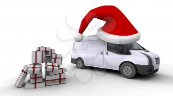 3D Render of a Christmas Delivery Van with a stack of gifts