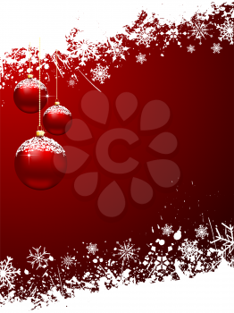 Snowy Christmas baubles on grunge snowflake background