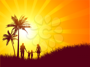 Summer landscape with silhouette of a family walking