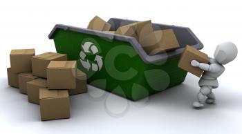 3D render of man recycling card boxes in skip