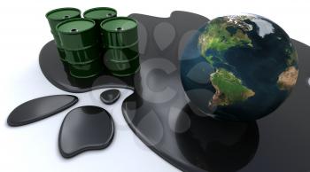 3D render of Oil drums and globe sat in spilt oil