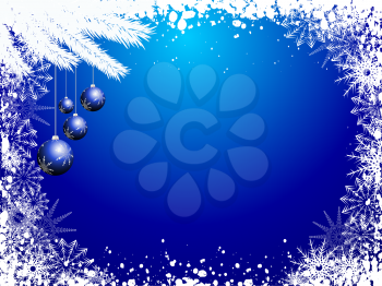 Hanging Christmas baubles on a snowflake background
