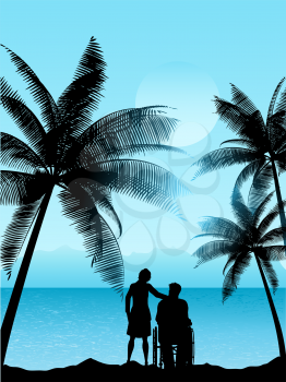 Silhouette of a man in a wheelchair with a woman in a tropical landscape