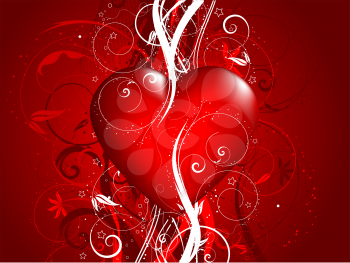 Glossy red heart on a decorative floral background