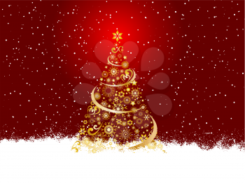 Golden Christmas tree on snowflake background