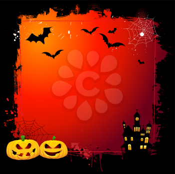Grunge Halloween background with spooky pumpkins and haunted house