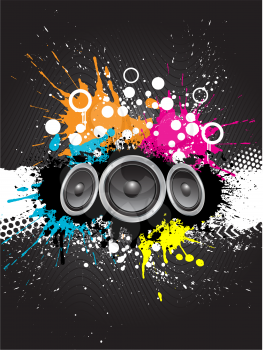 Colourful grunge style music background with speakers