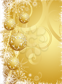 Hanging Christmas baubles on a golden snowflake background