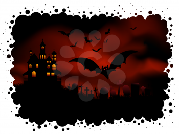 Spooky Halloween background with haunted house and bats