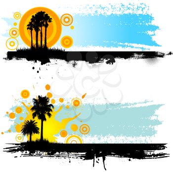 Summer grunge themed backgrounds with palm tree silhouettes