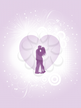 Silhouette of a kissing couple on a Valentines background