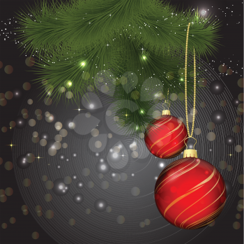 Christmas background with baubles and fir tree branch