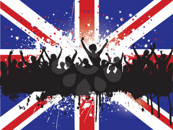 Silhouette of an excited crowd on a Grunge Union Jack Flag background
