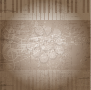 Grunge style background with music notes and piano keys