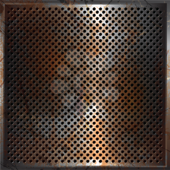 Perforated metal background with a grunge rusty texture