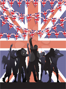 Silhouette of party people on a Union Jack flag background with bunting