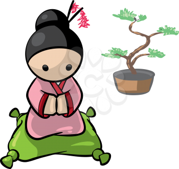 Royalty Free Clipart Image of a Japanese Woman Kneeling on a Pillow