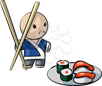 Royalty Free Clipart Image of a Japanese Chef With Sushi and Chopsticks