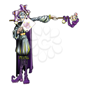 Royalty Free Clipart Image of a Jester Holding a Joker Card