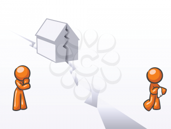 Royalty Free Clipart Image of Two People on Either Side of a Broken Home