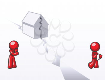 Royalty Free Clipart Image of a Broken Home and Two People on Other Side