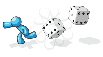 Royalty Free Clipart Image of a Blue Guy Running From Dice