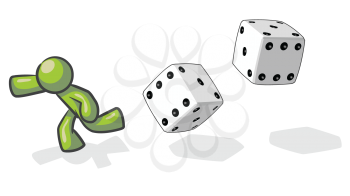 Royalty Free Clipart Image of a Green Man Running With Dice