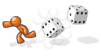 Royalty Free Clipart Image of an Orange Guy Running From Dice