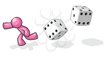 Royalty Free Clipart Image of a Pink Dude Running From Dice