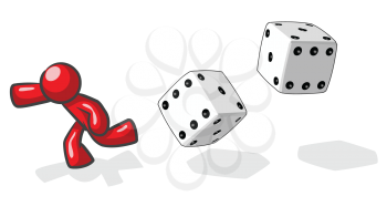 Royalty Free Clipart Image of a Red Guy Running From Dice