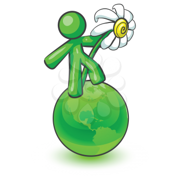 Royalty Free Clipart Image of a Green Man on Green Earth Holding a Daisy