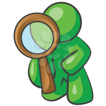 Royalty Free Clipart Image of a Green Man Looking Through a Magnifying Glass