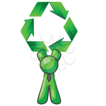 Royalty Free Clipart Image of a Green Man Holding a Recycling Symbol
