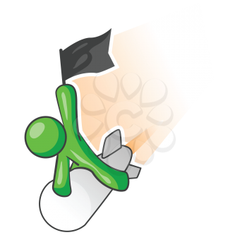 Royalty Free Clipart Image of a Green Man Riding a Missile