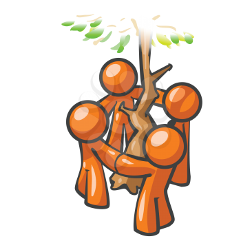 Orange men around a tree, holding hands, a symbol of environmental conservation.