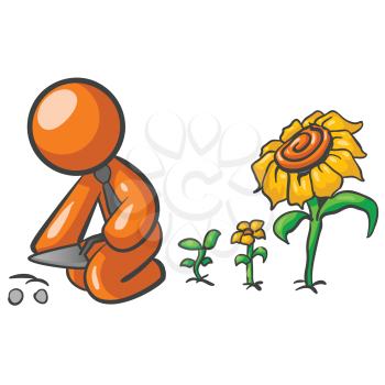 An orange man planting seeds, which are coming up behind him very fast as full grown flowers!