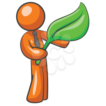 An orange man holding a large leaf. Good illustration for modern need to take care of the earth. 
