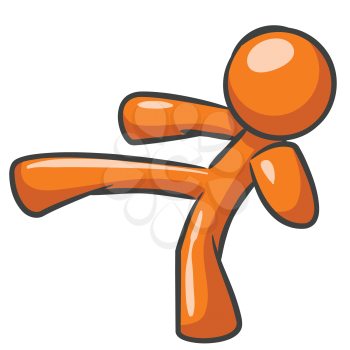 Orange Man posed and making a karate kick. 