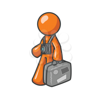 An orange man tourist carrying his suitcase with a camera around his neck. 